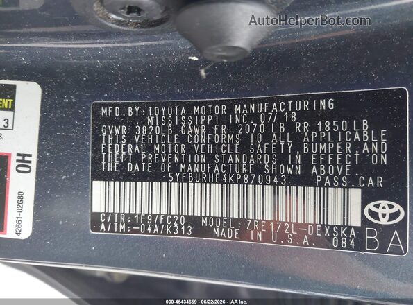 5YFBURHE4KP870943 2019 TOYOTA COROLLA Gray Engine compartment view