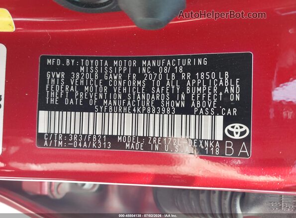 5YFBURHE4KP883983 2019 TOYOTA COROLLA Красный Вид подкапотного пространства