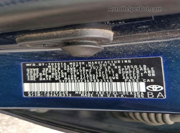 5YFBURHE4KP893140 2019 TOYOTA COROLLA Charcoal VIN կոդի պիտակի տեսք