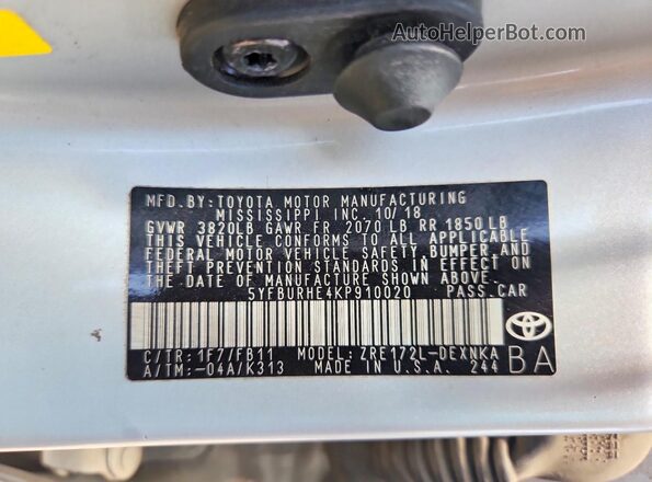 5YFBURHE4KP910020 2019 TOYOTA COROLLA Silver Widok komory silnika