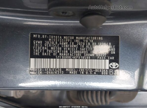 5YFBURHE4KP918599 2019 TOYOTA COROLLA Blue ძრავის განყოფილების ხედი