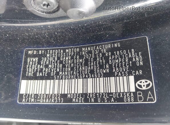 5YFBURHE5GP494602 2016 TOYOTA COROLLA Black Vista del compartimento del motor