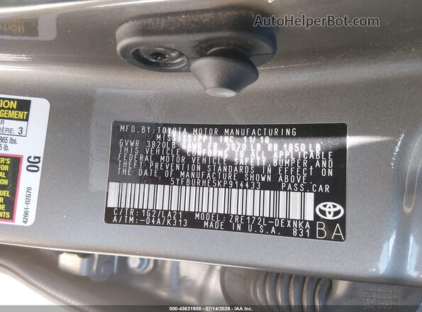 5YFBURHE5KP914433 2019 TOYOTA COROLLA Pewter Vista del compartimento del motor