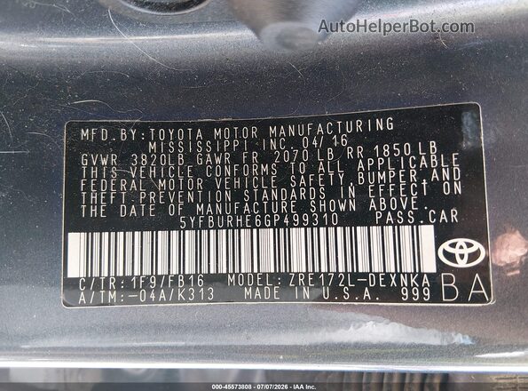 5YFBURHE6GP499310 2016 TOYOTA COROLLA Gray Շարժիչի բաժամունքի տեսք