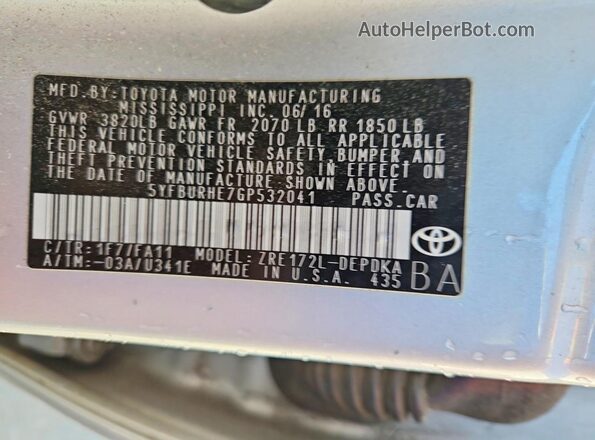 5YFBURHE7GP532041 2016 TOYOTA COROLLA Серый Вид подкапотного пространства