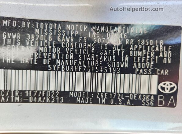 5YFBURHE7GP545193 2016 TOYOTA COROLLA Silver Widok komory silnika