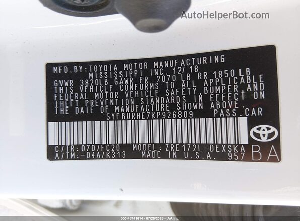 5YFBURHE7KP926809 2019 TOYOTA COROLLA White Widok komory silnika