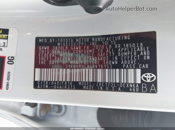 5YFBURHE8GP416153 2016 TOYOTA COROLLA White Vista del compartimento del motor