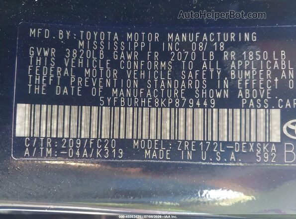 5YFBURHE8KP879449 2019 TOYOTA COROLLA Черный Вид подкапотного пространства