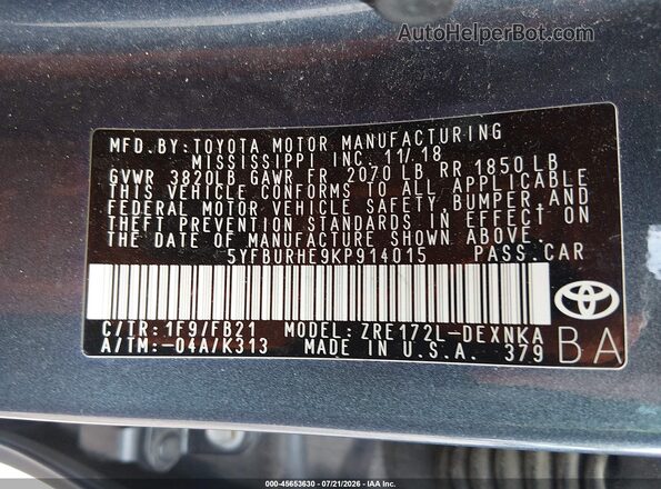 5YFBURHE9KP914015 2019 TOYOTA COROLLA Синий Вид подкапотного пространства
