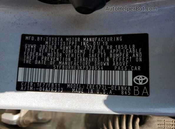 5YFBURHE9KP938654 2019 TOYOTA COROLLA Серебряный Вид подкапотного пространства