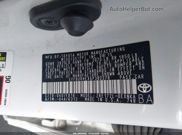 5YFBURHEXGP382278 2016 TOYOTA COROLLA White Engine compartment view