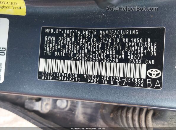 5YFBURHEXGP382720 2016 TOYOTA COROLLA Blue Շարժիչի բաժամունքի տեսք