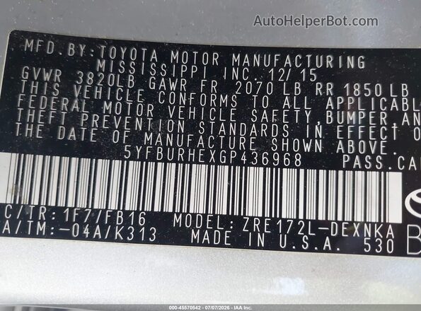 5YFBURHEXGP436968 2016 TOYOTA COROLLA Silver Widok komory silnika