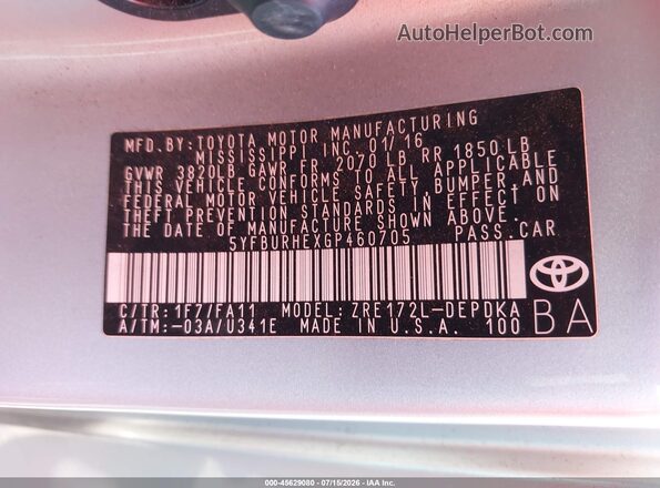 5YFBURHEXGP460705 2016 TOYOTA COROLLA Silver Շարժիչի բաժամունքի տեսք