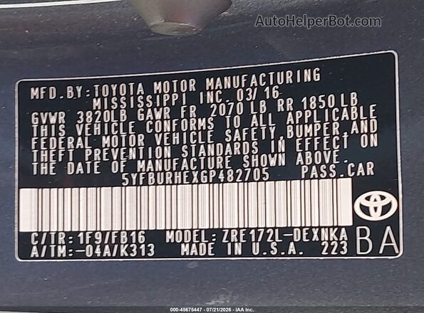 5YFBURHEXGP482705 2016 TOYOTA COROLLA Blue Widok komory silnika