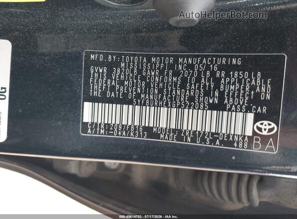 5YFBURHEXGP522085 2016 TOYOTA COROLLA Black Вид підкапотного простору