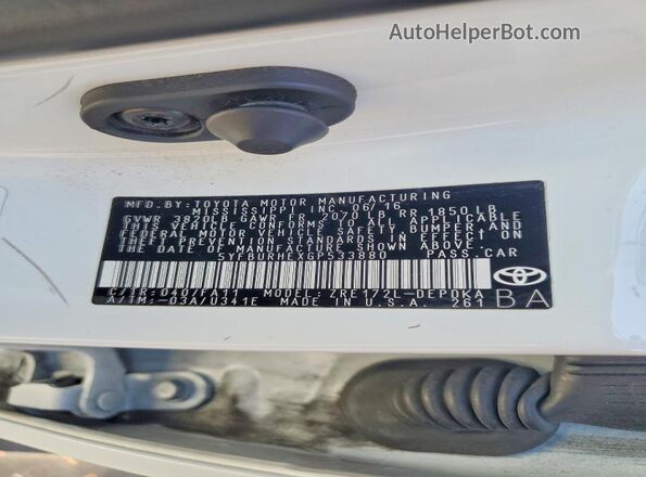 5YFBURHEXGP533880 2016 TOYOTA COROLLA White Widok naklejki z numerem VIN
