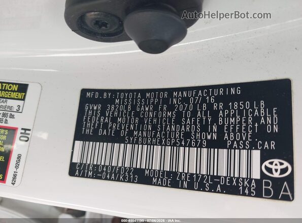 5YFBURHEXGP547679 2016 TOYOTA COROLLA White Շարժիչի բաժամունքի տեսք