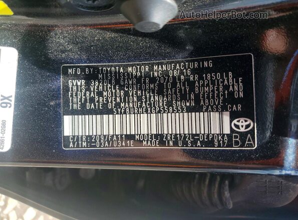 5YFBURHEXGP558553 2016 TOYOTA COROLLA Черный Вид подкапотного пространства
