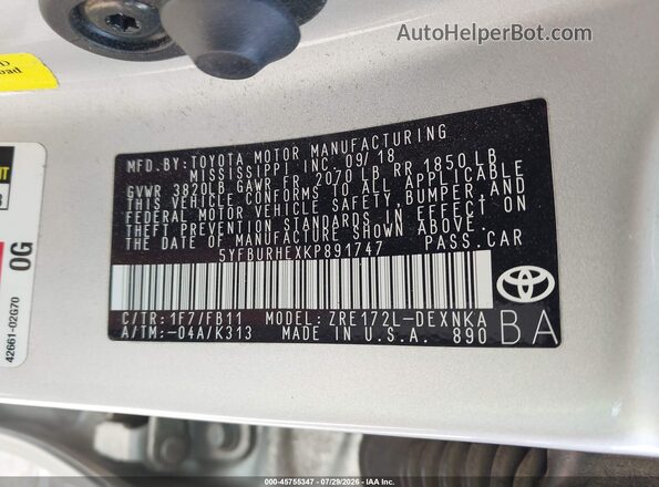 5YFBURHEXKP891747 2019 TOYOTA COROLLA Серебряный Вид подкапотного пространства