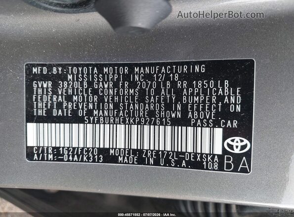 5YFBURHEXKP927615 2019 TOYOTA COROLLA Gray Շարժիչի բաժամունքի տեսք