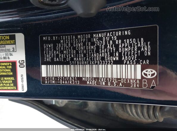 5YFBURHEXKP933222 2019 TOYOTA COROLLA Blue Widok komory silnika