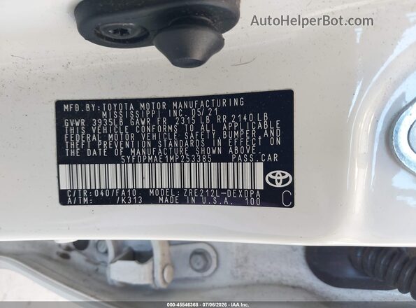 5YFDPMAE1MP253385 2021 TOYOTA COROLLA White ძრავის განყოფილების ხედი