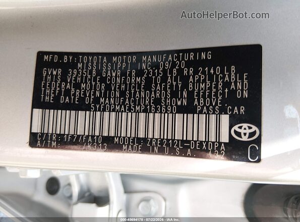 5YFDPMAE5MP163690 2021 TOYOTA COROLLA Silver Շարժիչի բաժամունքի տեսք