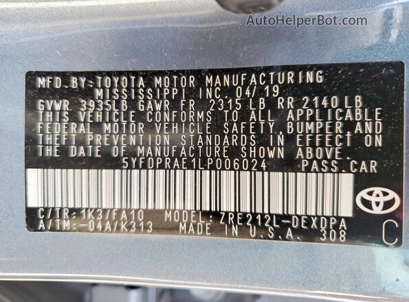 5YFDPRAE1LP006024 2020 TOYOTA COROLLA Blue Շարժիչի բաժամունքի տեսք