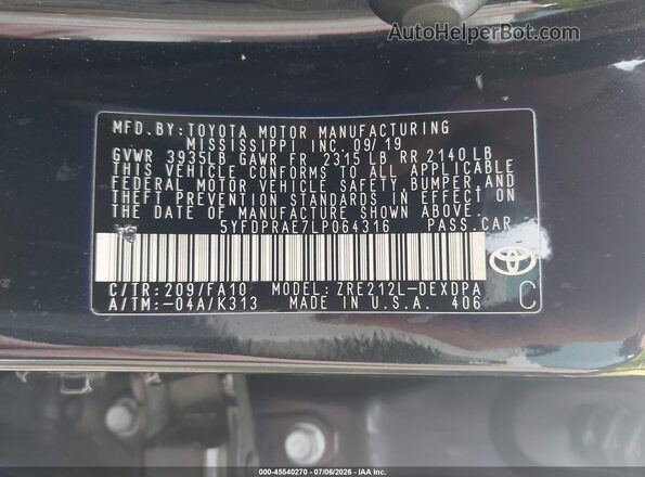 5YFDPRAE7LP064316 2020 TOYOTA COROLLA Черный Вид подкапотного пространства