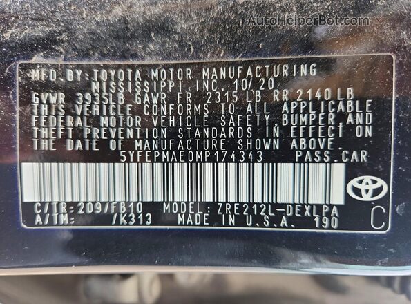 5YFEPMAE0MP174343 2021 TOYOTA COROLLA Black Widok naklejki z numerem VIN