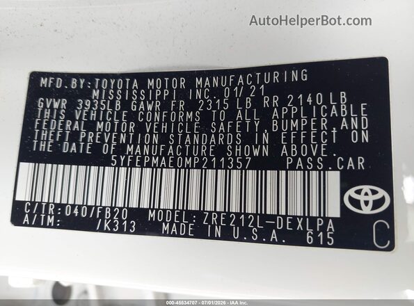 5YFEPMAE0MP211357 2021 TOYOTA COROLLA White Widok komory silnika