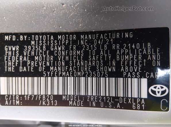 5YFEPMAE0MP235075 2021 TOYOTA COROLLA Серебряный Вид подкапотного пространства