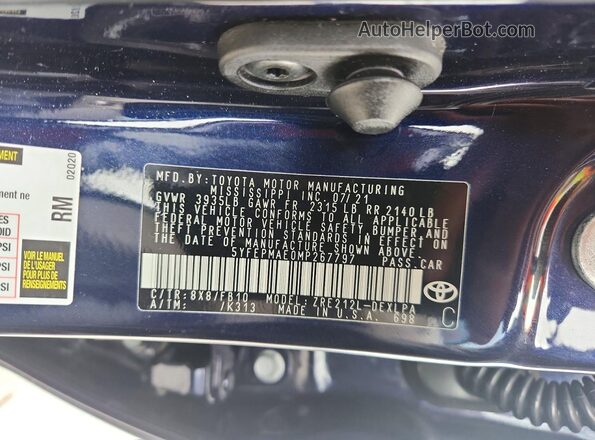 5YFEPMAE0MP267797 2021 TOYOTA COROLLA Blue Вид підкапотного простору