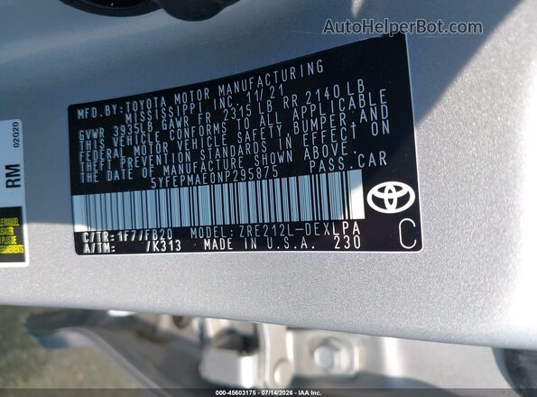 5YFEPMAE0NP295875 2022 TOYOTA COROLLA Silver ძრავის განყოფილების ხედი