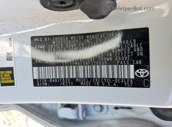 5YFEPMAE0NP330009 2022 TOYOTA COROLLA White Engine compartment view