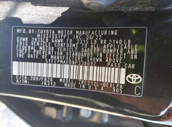 5YFEPMAE0NP338692 2022 TOYOTA COROLLA Black Вид наклейки з VIN-кодом