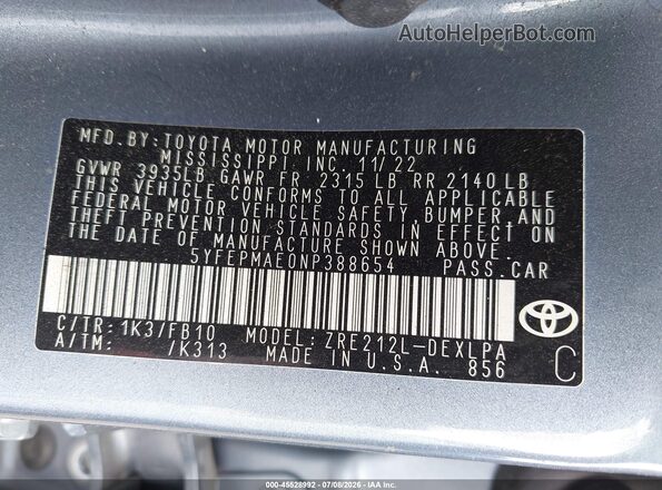 5YFEPMAE0NP388654 2022 TOYOTA COROLLA Blue Շարժիչի բաժամունքի տեսք
