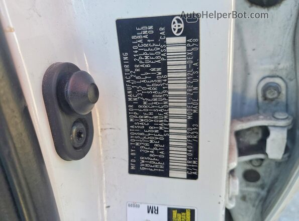 5YFEPMAE0NP391246 2022 TOYOTA COROLLA White Vista de la etiqueta del VIN
