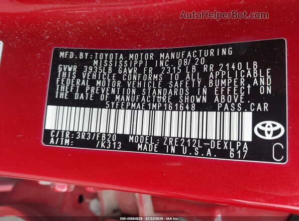 5YFEPMAE1MP161648 2021 TOYOTA COROLLA Red Engine compartment view