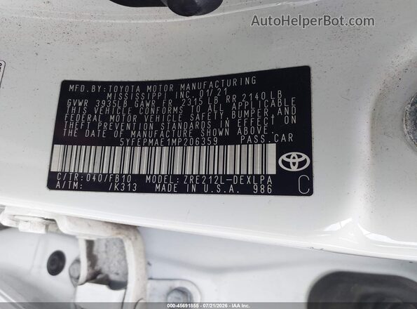 5YFEPMAE1MP206359 2021 TOYOTA COROLLA Белый Вид подкапотного пространства