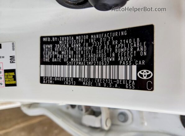 5YFEPMAE1MP210637 2021 TOYOTA COROLLA White Շարժիչի բաժամունքի տեսք