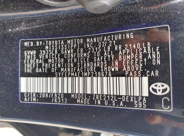 5YFEPMAE1MP219676 2021 TOYOTA COROLLA Black VIN კოდის სტიკერის ხედი