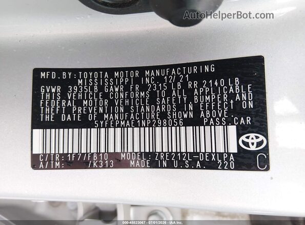 5YFEPMAE1NP298056 2022 TOYOTA COROLLA Silver Вид підкапотного простору