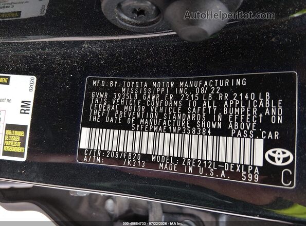 5YFEPMAE1NP358384 2022 TOYOTA COROLLA Black Вид підкапотного простору