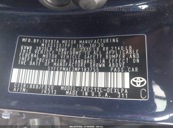 5YFEPMAE2MP183755 2021 TOYOTA COROLLA Синий Вид подкапотного пространства