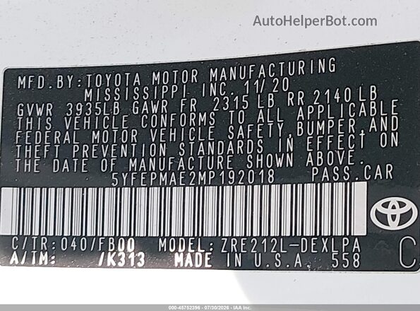 5YFEPMAE2MP192018 2021 TOYOTA COROLLA Белый Вид подкапотного пространства