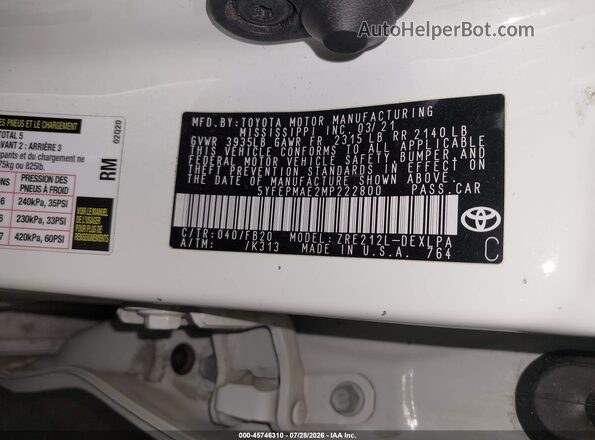 5YFEPMAE2MP222800 2021 TOYOTA COROLLA White ძრავის განყოფილების ხედი