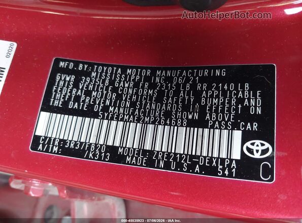 5YFEPMAE2MP264688 2021 TOYOTA COROLLA Red Widok komory silnika